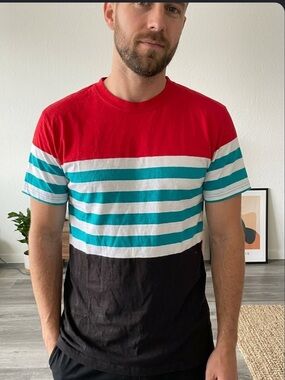 Primark Red, Teal & Black Short Sleeve Striped Crew Tee